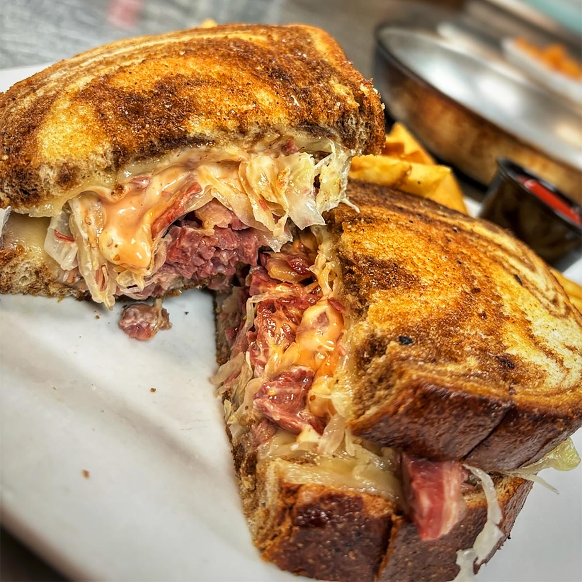 All Saints Public House St. Patricks Day Special Hot Reuben on Toasted Marble Rye